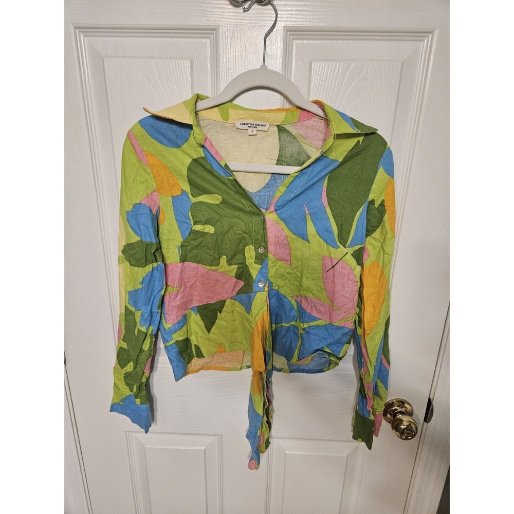 Christian Siriano New York Tropical Abstract Linen Blend Tie Front Crop Blouse S